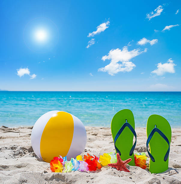 istock flip flops and beach ball under a shining sun 532563642