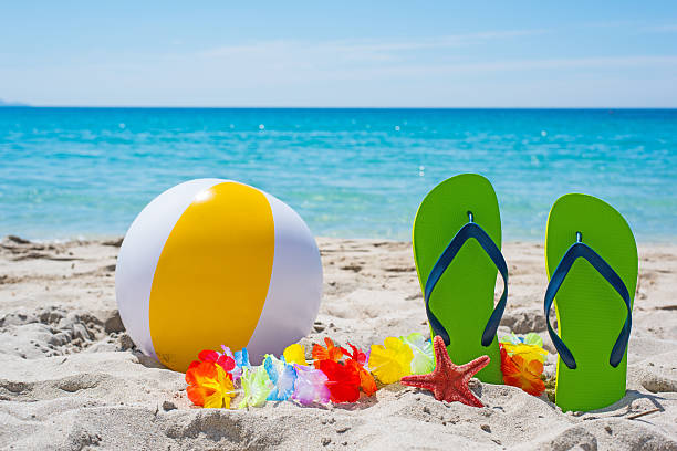 istock flip flops and beach ball by the sea 532564664