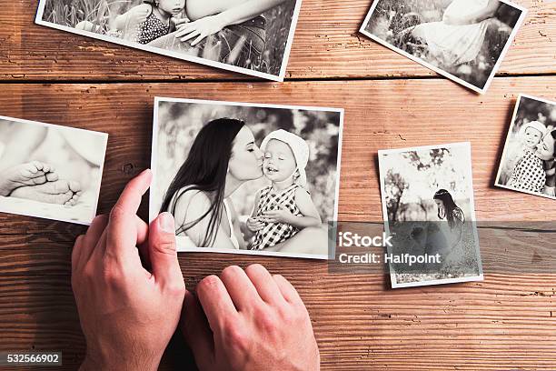 Mothers Day Composition Blackandwhite Pictures Wooden Backgr Stock Photo - Download Image Now
