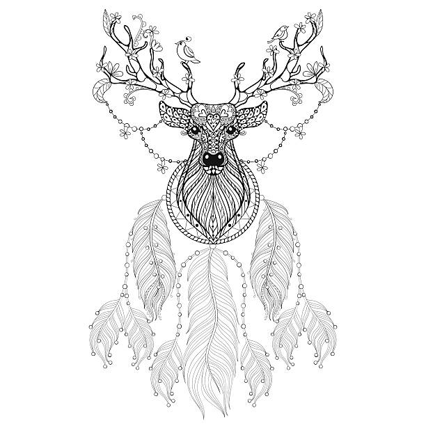 Hand drawn Dreamcatcher with tribal Hprned Deer with f Hand drawn Dreamcatcher with tribal Hprned Deer with flowers and birds for adult coloring pages, post card, t-shirt print, Boho style. Isolated illustration in doodle, henna tattoo design. animall stock illustrations