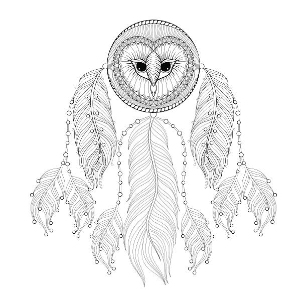 Hand drawn Dreamcatcher with tribal Owl face for adult Hand drawn Dreamcatcher with tribal Owl face for adult coloring pages, post card, t-shirt print, Boho style. Isolated illustration in doodle, henna tattoo design. animall stock illustrations