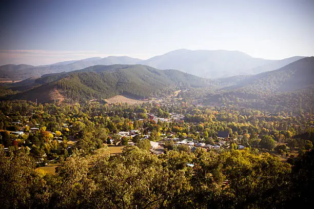 The view from Huggins Lookout early on a cool autumn morning in Bright, Victoria, Australia