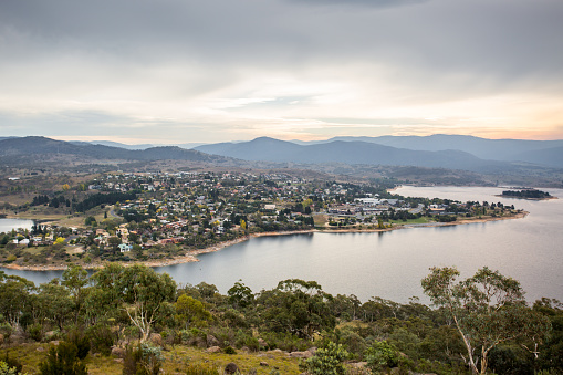 The view over Jindabyne and its lake on a cool summer's day in New South Wales, Australia