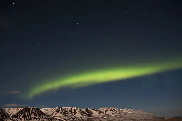 Green northern lights in Icelandic snow mountains.