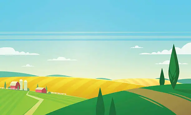 Vector illustration of Summer landscape with farmhouse. Vector illustration.
