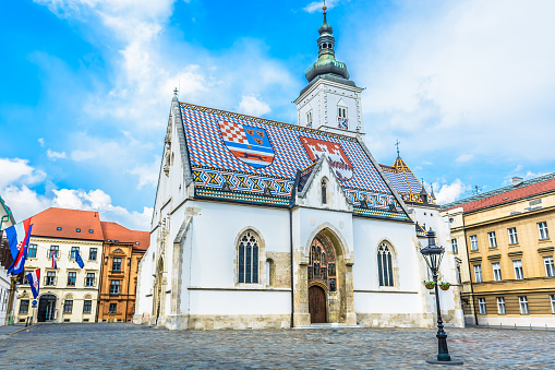 Main square in upper town in historic old city center in Zagreb, Croatia.