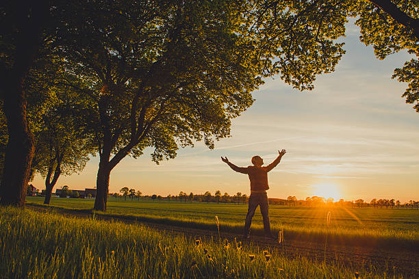 istock Man at sunset in nature with arms outstreched 532573620