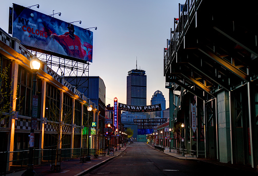 Boston, Massachusetts, USA - April 24, 2016: Morning view of Fenway Park and the House of Blues along Landsdowne Street in the Fenway–Kenmore neighborhood.