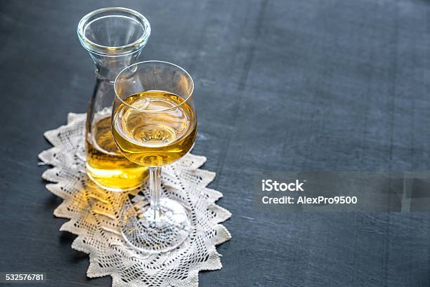 Glass Of White Wine In Vintage Decor Stock Photo - Download Image Now - 2015, Alcohol - Drink, Alcohol Abuse