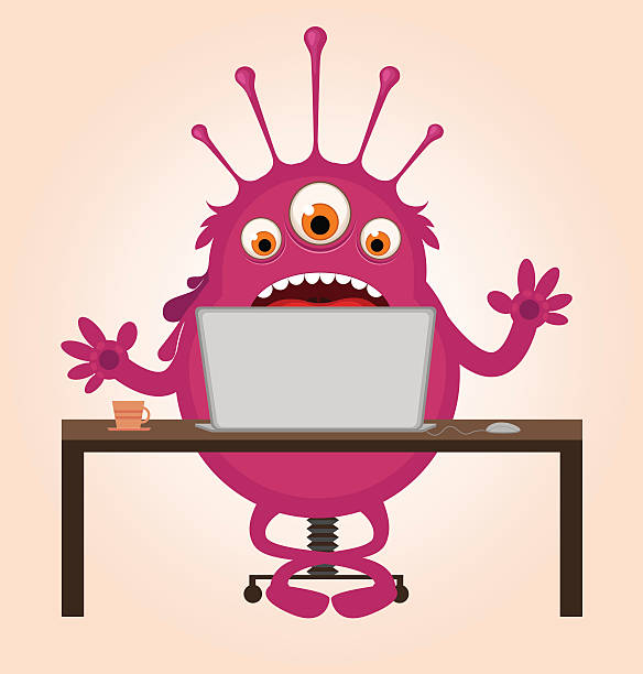 Monster has some troubles with PC. Education concept Monster has some troubles with PC. Education concept. Vector illustration shocked computer stock illustrations