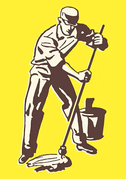 Vector illustration of Custodian with Mop and Pail