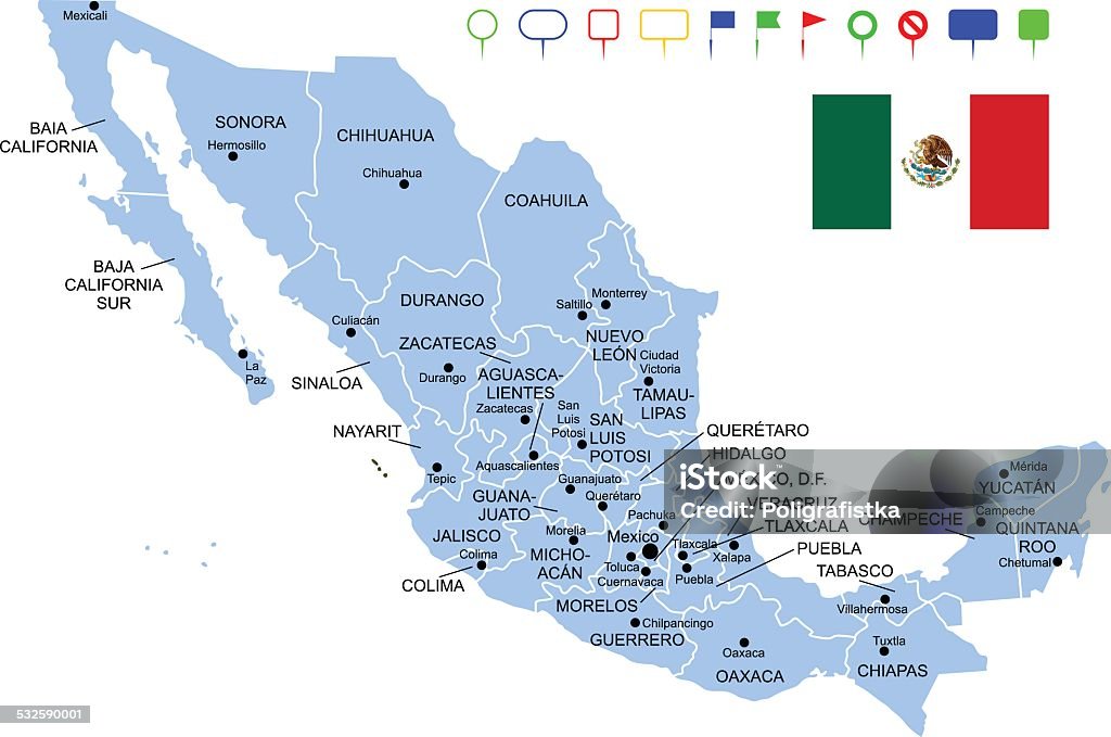 Map of Mexico Detailed map of Mexico with pointers.  2015 stock vector