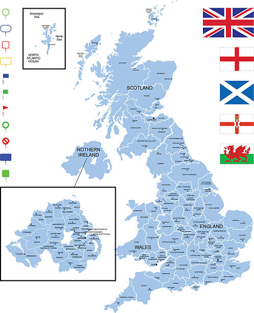 Map of United Kingdom Detailed map of United Kingdom with pointers. midlands england stock illustrations