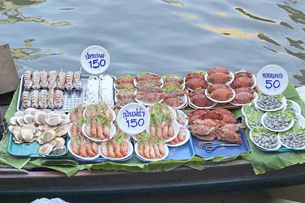 Photo of Damnoen saduak floating market, Thailand with food sale