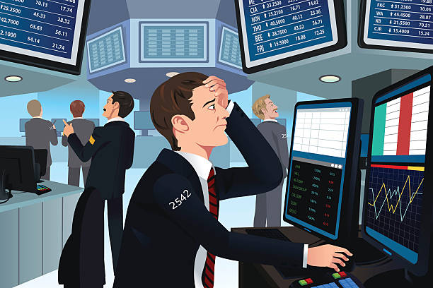 ilustraciones, imágenes clip art, dibujos animados e iconos de stock de estrés trader en stock - trading floor