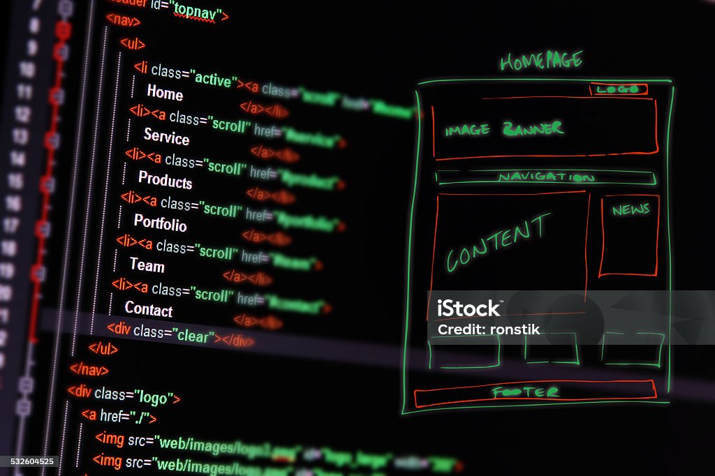 Programming Code And Wireframe On Computer Screen Stock Photo ...