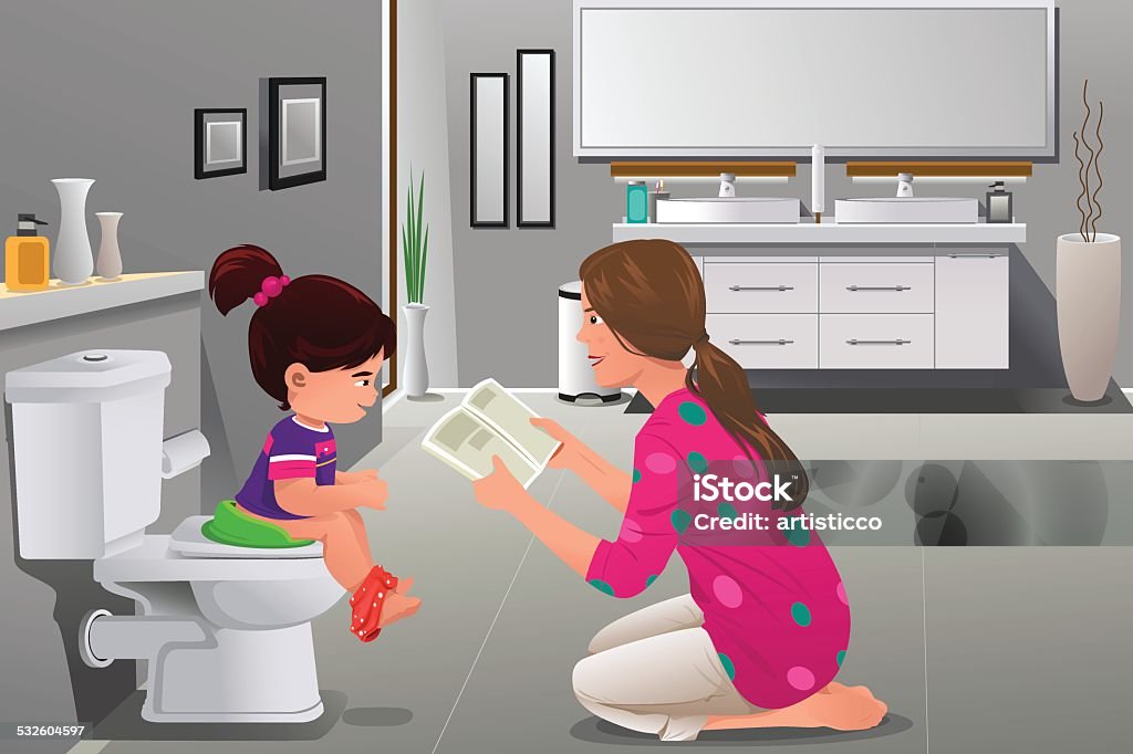 Girl doing potty training with her mother watching A vector illustration of girl doing potty training with her mother watching Potty Training stock vector