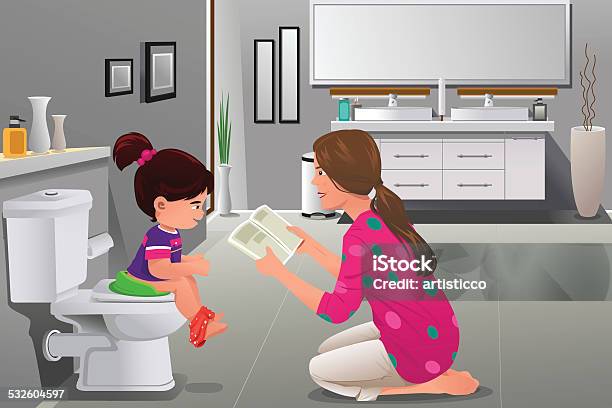 Girl Doing Potty Training With Her Mother Watching Stock Illustration - Download Image Now - Potty Training, Potty, Girls