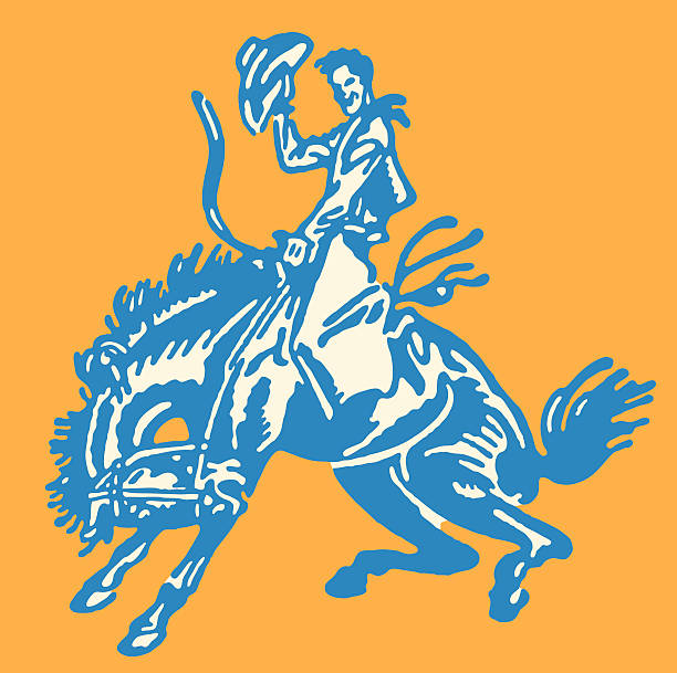 illustrazioni stock, clip art, cartoni animati e icone di tendenza di sollevare il cappello da cowboy sul monta di cavallo selvaggio - cowboy rodeo wild west bucking bronco