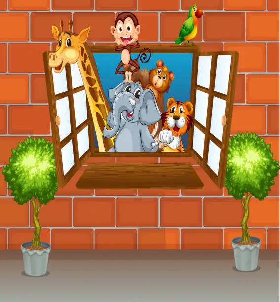Vector illustration of Zoo animals at the window