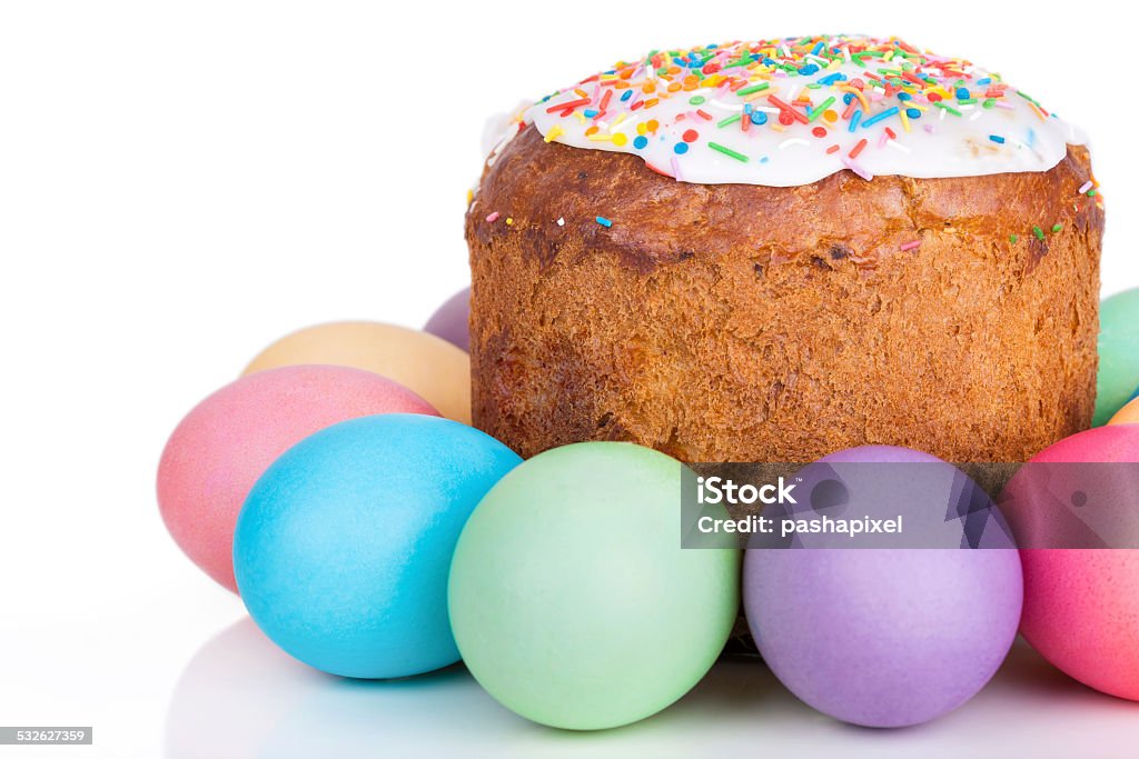 Easter cake and painted eggs Easter cake and painted eggs closeup on white background 2015 Stock Photo