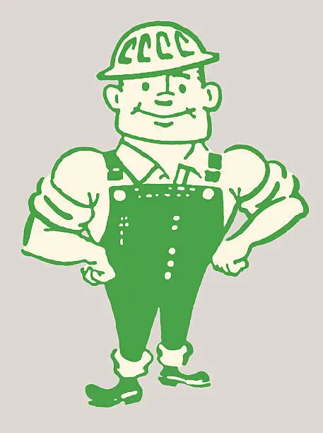 Vector illustration of Construction Worker in Overalls and Hardhat