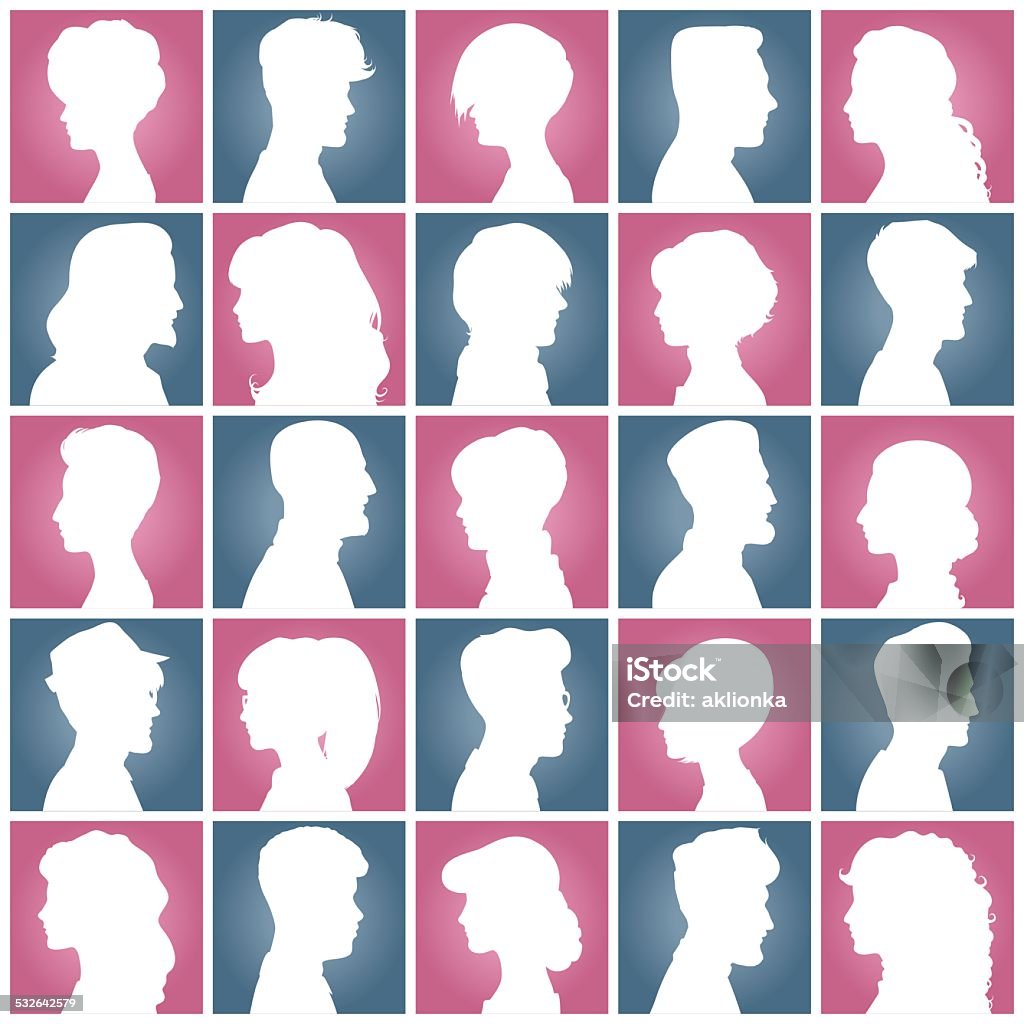 Avatars of silhouettes. Profiles with different hairstyles. Set of opposite-sex avatars for your design 16-17 Years stock vector