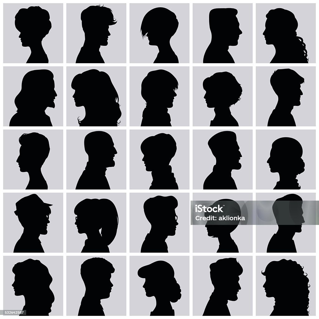 Avatars of silhouettes. Profiles with different hairstyles. Set of opposite-sex avatars for your design In Silhouette stock vector