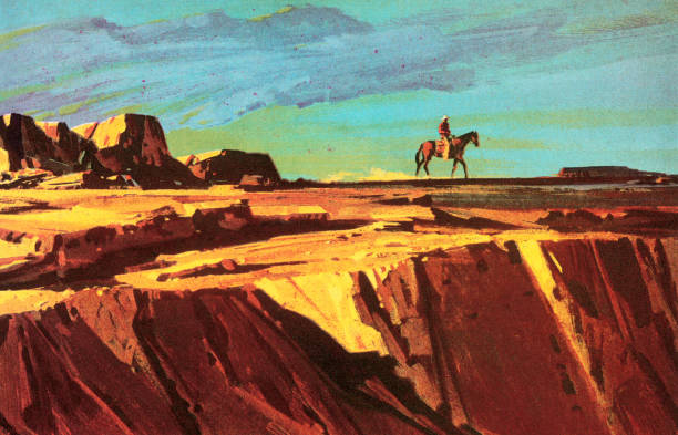 illustrazioni stock, clip art, cartoni animati e icone di tendenza di cowboy e cavallo sulla scogliera - wild west immagine