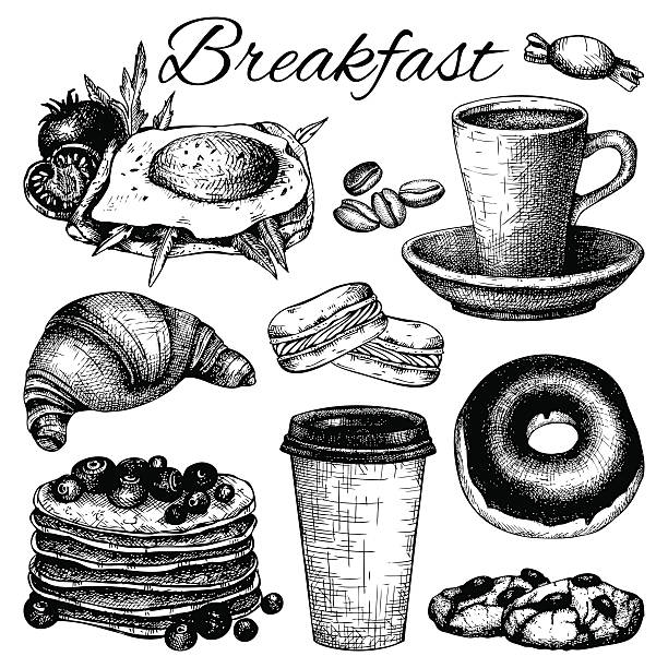 breakfast food illustration Vector set of ink hand drawn breakfast food illustration isolated on white for restaurant or cafe menu. biscuit quick bread stock illustrations
