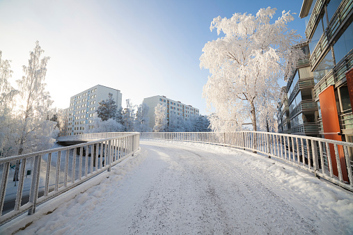 Cold fresh winter morning in city