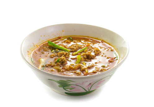 Nam Prik Aong (Northern Thai Meat and Tomato Spicy Dip) on white background