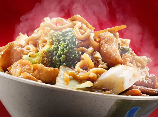 A bowl of hot steaming yakisoba.