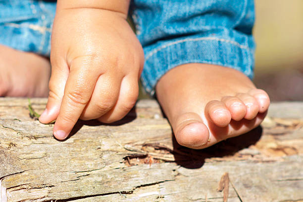 istock Little child small bare feet and hand in the forest. 532648849
