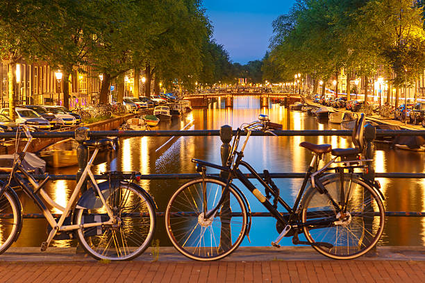 istock Night  illumination of Amsterdam canal and bridge 532649283