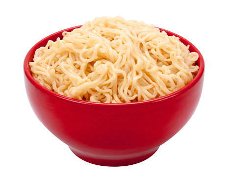 Ramen Noodles in a Red Bowl. Isolated on white with a clipping path. The image is in full focus, front to back.