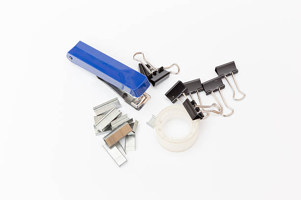 istock Blue stapler and various stationery top view 532667577
