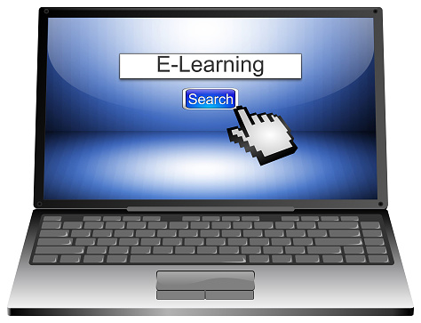 laptop with internet web search engine e-learning on blue desktop
