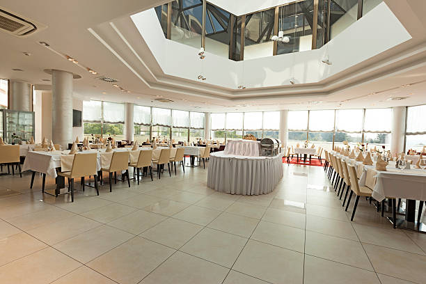 istock Bright restaurant interior with tables arranged for special even 532682547