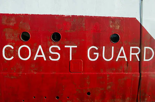 Detail of the hull of a Coast Guard boat in Kingston, Ontario.