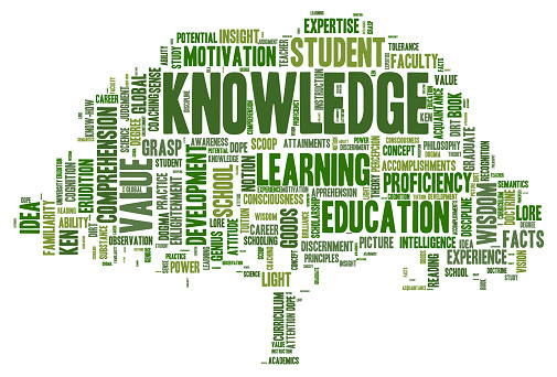 Conceptual image of tag cloud containing words related to knowledge, learning, education, wisdom and similar concepts in shape of a tree