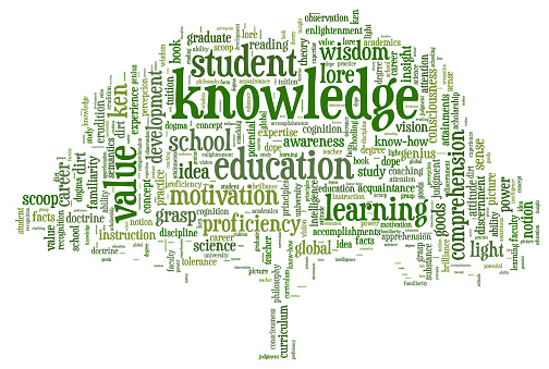 Conceptual image of tag cloud containing words related to knowledge, learning, education, wisdom and similar concepts in shape of a tree