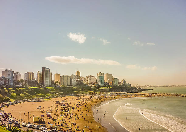 Crowded Beach Aerial View in Mar del Plata stock photo