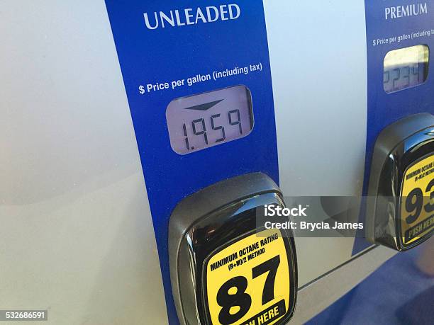 Lower Gasoline Prices At The Pump Stock Photo - Download Image Now - Fuel Prices, 2015, Close-up