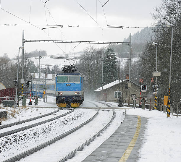 istock Czech train station at winter with train in a snowstorm 532702229
