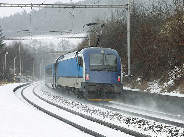istock Czech train station at winter with train in a snowstorm 532702381