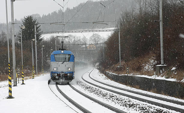 istock Czech train station at winter with train in a snowstorm 532702387