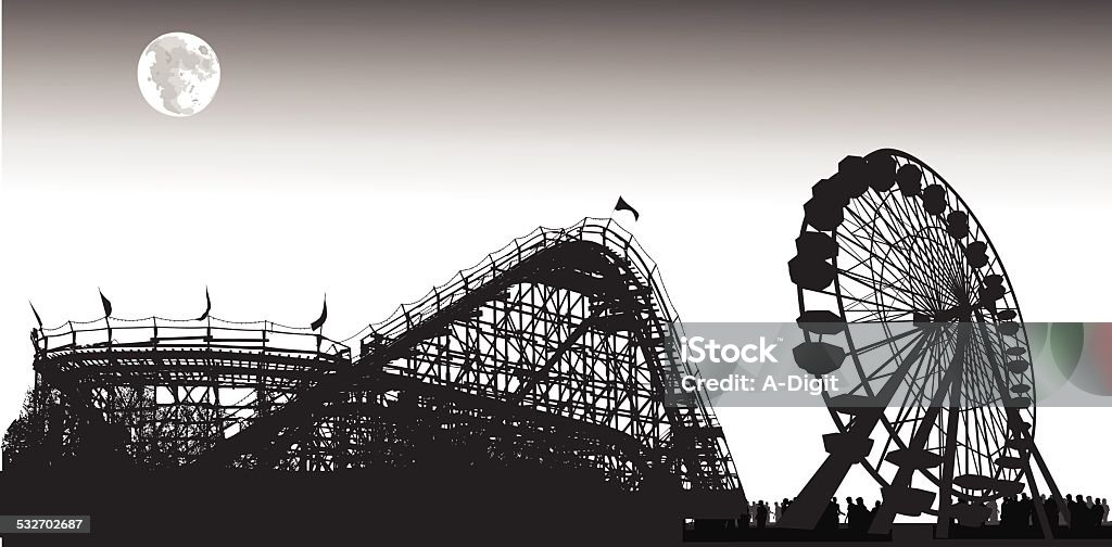 GiantWheel A rollar coaster and ferris wheel at dusk under the moolight. Ferris Wheel stock vector