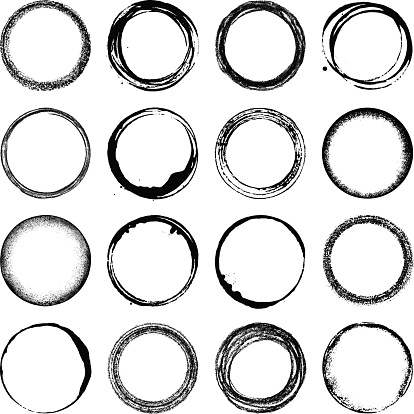 Vector illustration. Set of 16 grunge circles. All the circles feature different textures and are executed in black.