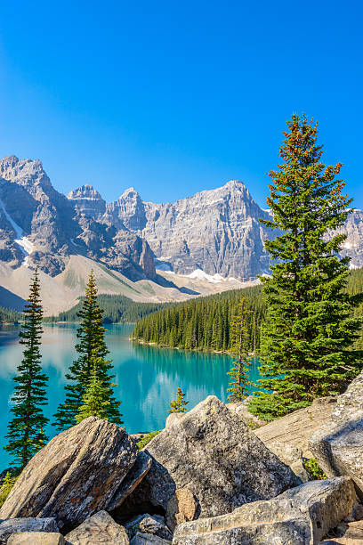 moraine lake, montanhas rochosas canadianas - moraine imagens e fotografias de stock